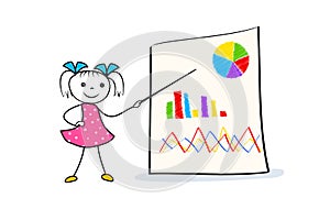 Young cartoon girl pointing at board with graph and pie chart. Businness presentation concept in doodle style.
