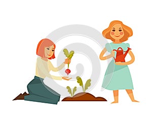 Young cartoon girls plant sweet beet isolated illustration