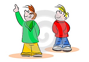 Young cartoon kids pointing and looking