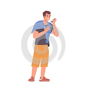 Young cartoon man having dry cough using inhaler nebulizer from respiratory disease symptom