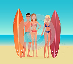 Young cartoon surf group of people. Guy man and girl woman with a surfboard on the sea ocean beach.