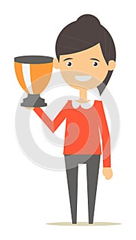 Young cartoon woman holding trophy with happy expression. Female character celebrating victory or success. Award and