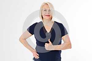 Young casual style middle-aged woman portrait isolated over white background. Thumbs up show, Portrait of a middle age woman shows