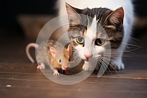 A young cat entertains itself by playfully engaging with a rat photo