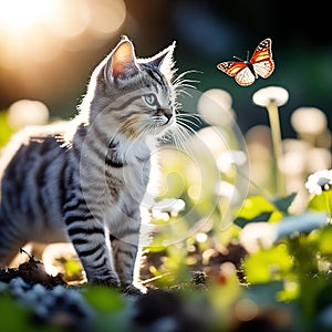 Young Cat Hunting Butterfly on a Backlit Meadow