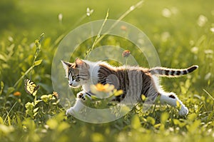 Young cat hunting butterfly on grass