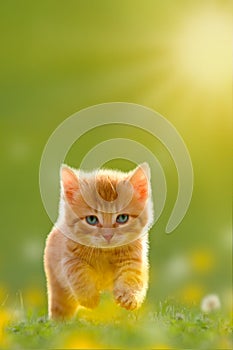 Young cat jumps over a meadow Back Lit