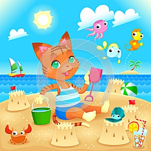 Young cat makes castles on the beach.