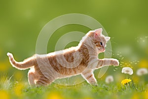 Joven gato juega diente de león en la luz prado verde 