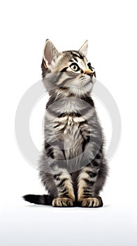 A young cat sitting and looking up, isolated white background