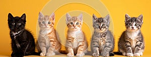 Young cats of different colors, from black to orange, pose next to each other on a bright yellow background.