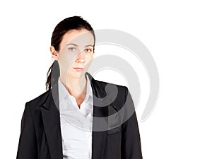 Young cauasian business woman in white shirt and black suit standing in a white photography scene. Portrait on white background photo