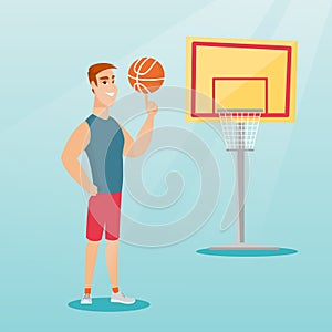 Young caucasian basketball player spinning a ball.