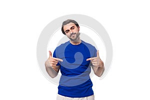 young caucasian brunette man with beard in blue t-shirt with print mockup