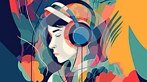 Young caucasian brunette teenager in big headphones created with Generative AI