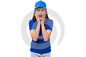 young caucasian brunette woman in blank blue t-shirt and cap