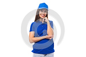 young caucasian brunette woman in blank blue t-shirt and cap