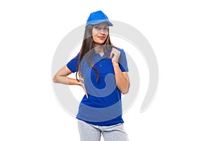 young caucasian brunette woman in blank blue t-shirt and cap