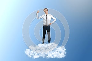 Young caucasian businessman standing on cloud. Blue sky background. Dream big, business and strategy, forethought and vision