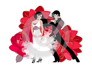 Young caucasian couple in love. Wedding invitation. Beautiful card with bride and groom against huge red flowers