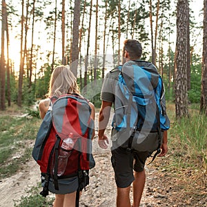 Young caucasian couple with tourist backpacks trekking