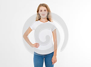 Young caucasian, europian woman, girl in blank white t-shirt. t shirt design and people concept. Shirts front view isolated photo