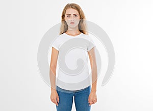 Young caucasian, europian woman, girl in blank white t-shirt. t shirt design and people concept. Shirts front view isolated