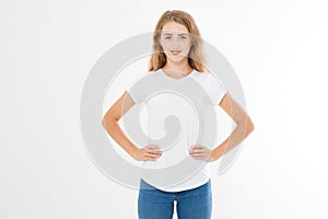 Young caucasian, europian woman, girl in blank white t-shirt. t shirt design and people concept. Shirts front view isolated photo