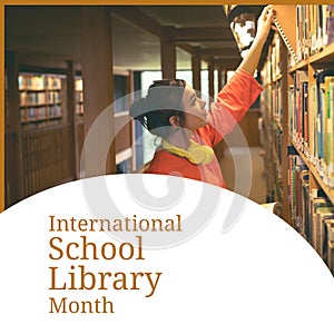 Young caucasian female student removing book from shelf, international school library month text