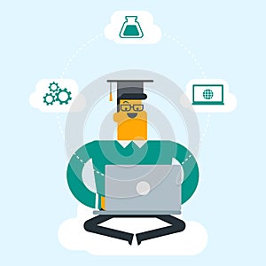 Young caucasian graduate sitting on the cloud.