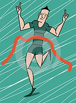 Young Caucasian male athlete crosses the finish line, vector illustration