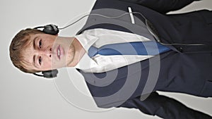 Young caucasian man business worker having video call over isolated white background