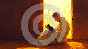 Young Caucasian man reading book seated sunlit doorway warm glowing light