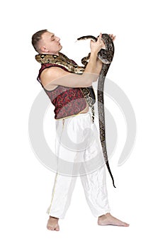 Young Caucasian man with snakes