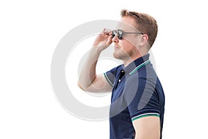 Young caucasian man wear sun glasses isolated on white