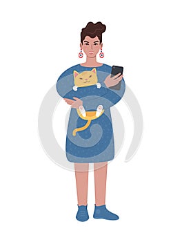 Young caucasian modern woman with cat and smartphone
