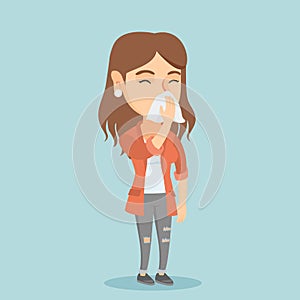 Young caucasian sick woman sneezing.