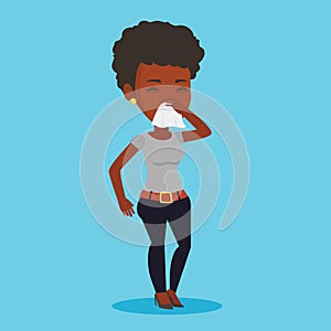 Young caucasian sick woman sneezing.
