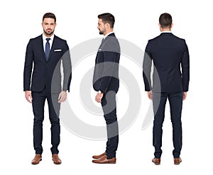 Young caucasian stylish businessman front side rear view isolate