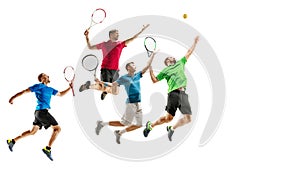 Young caucasian tennis players running and jumping on white background