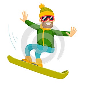 Young caucasian white man riding a snowboard.