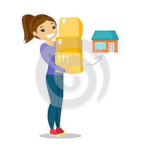 Young caucasian white woman moving to a new house.