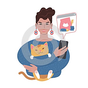 young caucasian woman with a cute cat ordering pet supplies online from smartphone.