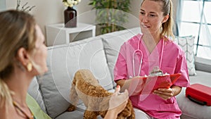 Young caucasian woman with dog veterinarian taking notes shaking hand at veterinary clinic