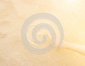 Young Caucasian Woman Draws with Hand Heart on Fine White Beach Sand by Ocean. Romantic Valentines Love Charity Purity