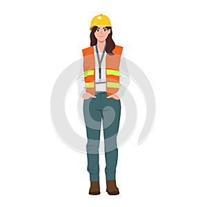 Young caucasian woman engineer in hardhat and safety vest
