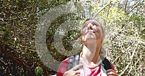 A young Caucasian woman explores a sunlit forest, looking upwards with curiosity