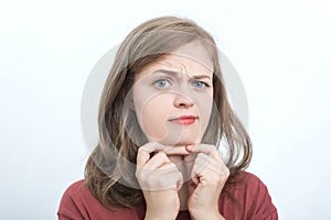 Young caucasian woman girl with double chin