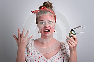 Young caucasian woman girl with red sunglasses sunburn on her face. photo