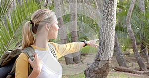 Young Caucasian woman with a ponytail points at something in a wooded area with copy space